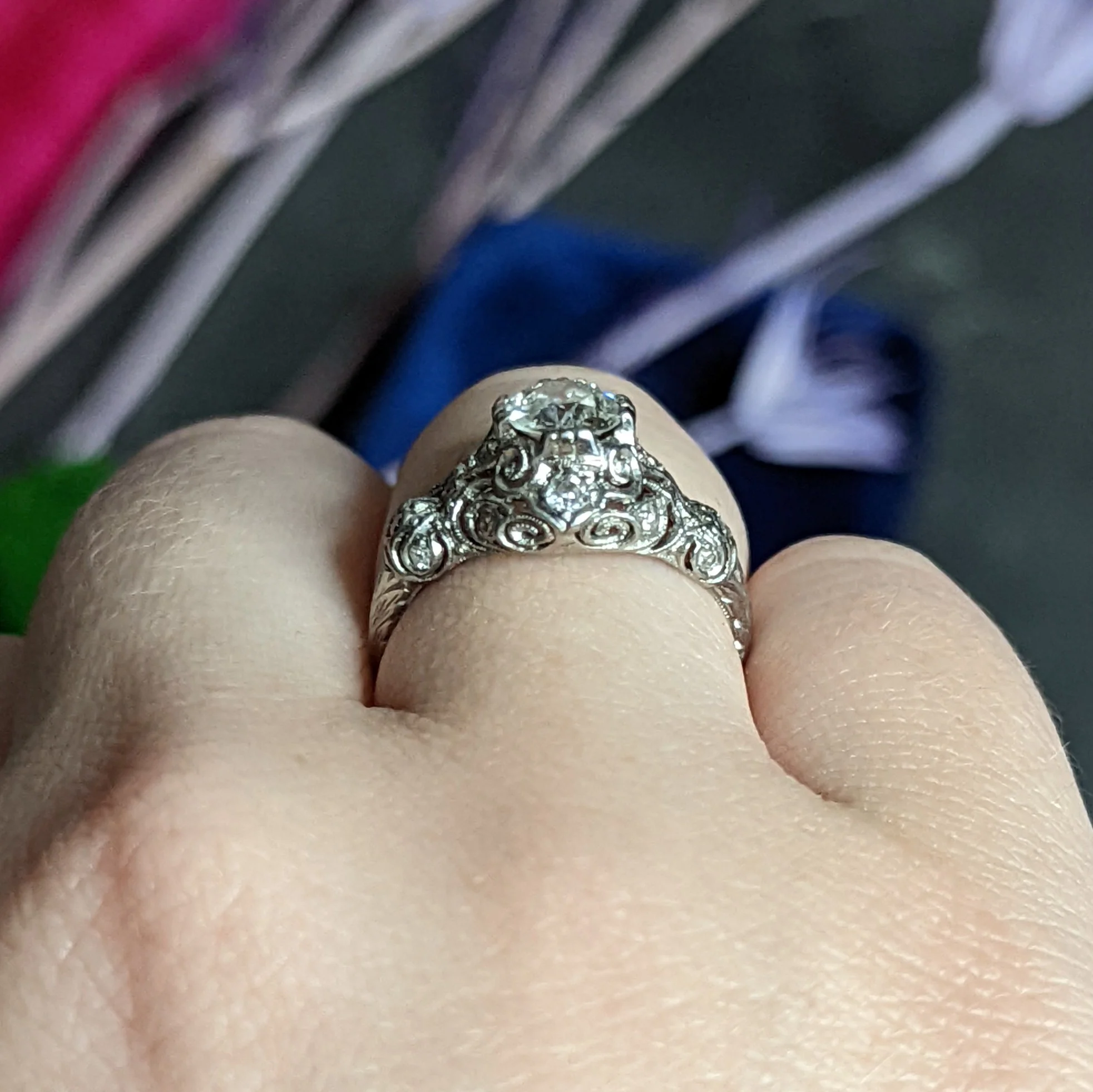 Wheeler & Co. Edwardian 1.05 CTW Diamond Platinum Scrolled Engagement Ring - Image 15