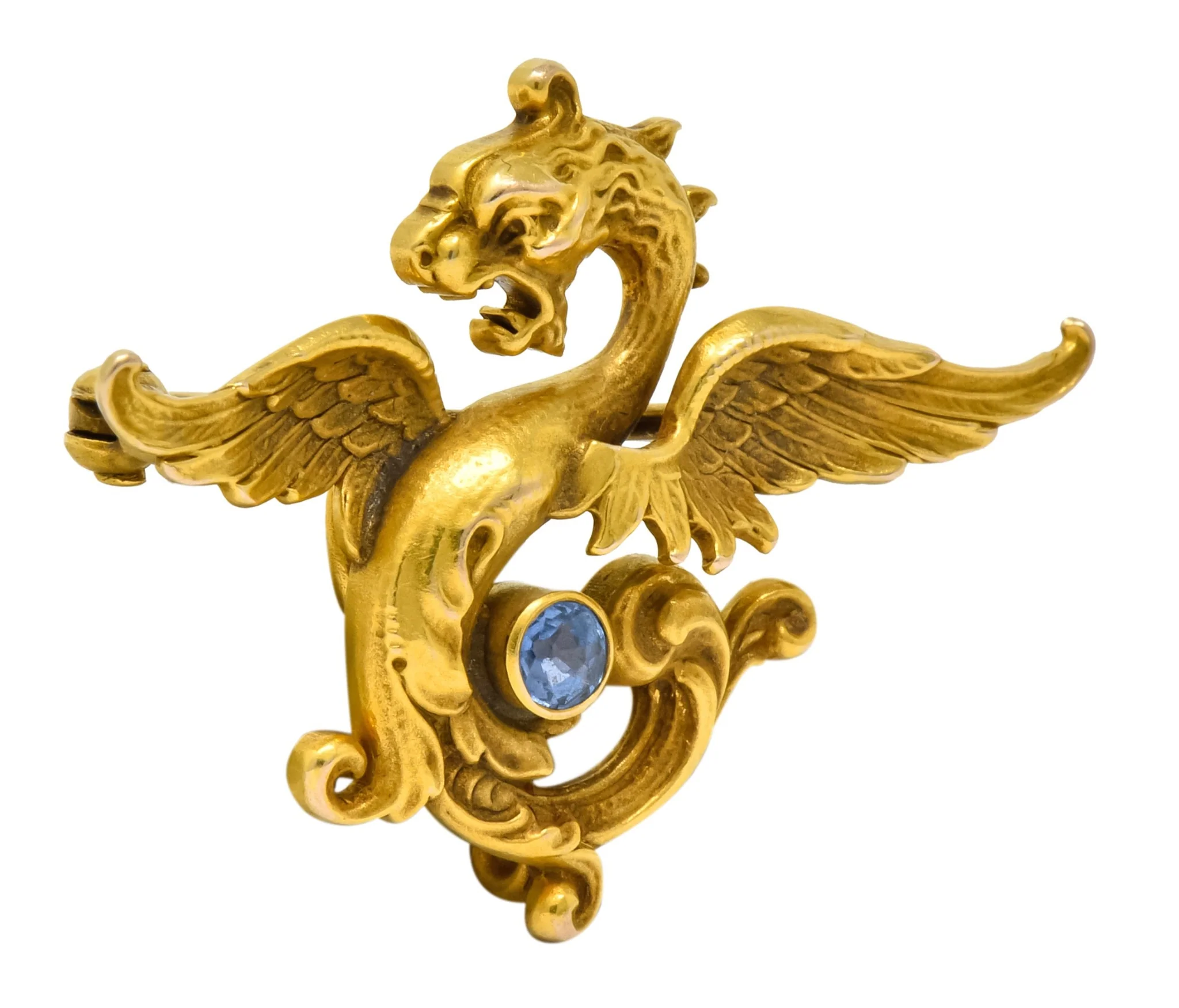 Whiteside and Blank Art Nouveau 14 Karat Gold Sapphire Dragon Watch Pin Brooch - Image 2