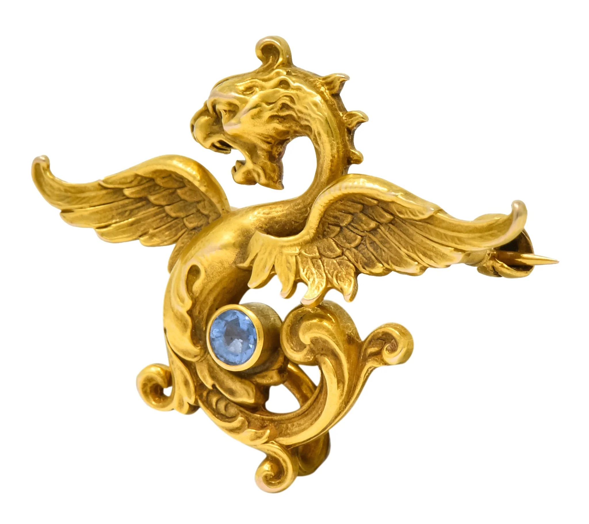 Whiteside and Blank Art Nouveau 14 Karat Gold Sapphire Dragon Watch Pin Brooch - Image 3