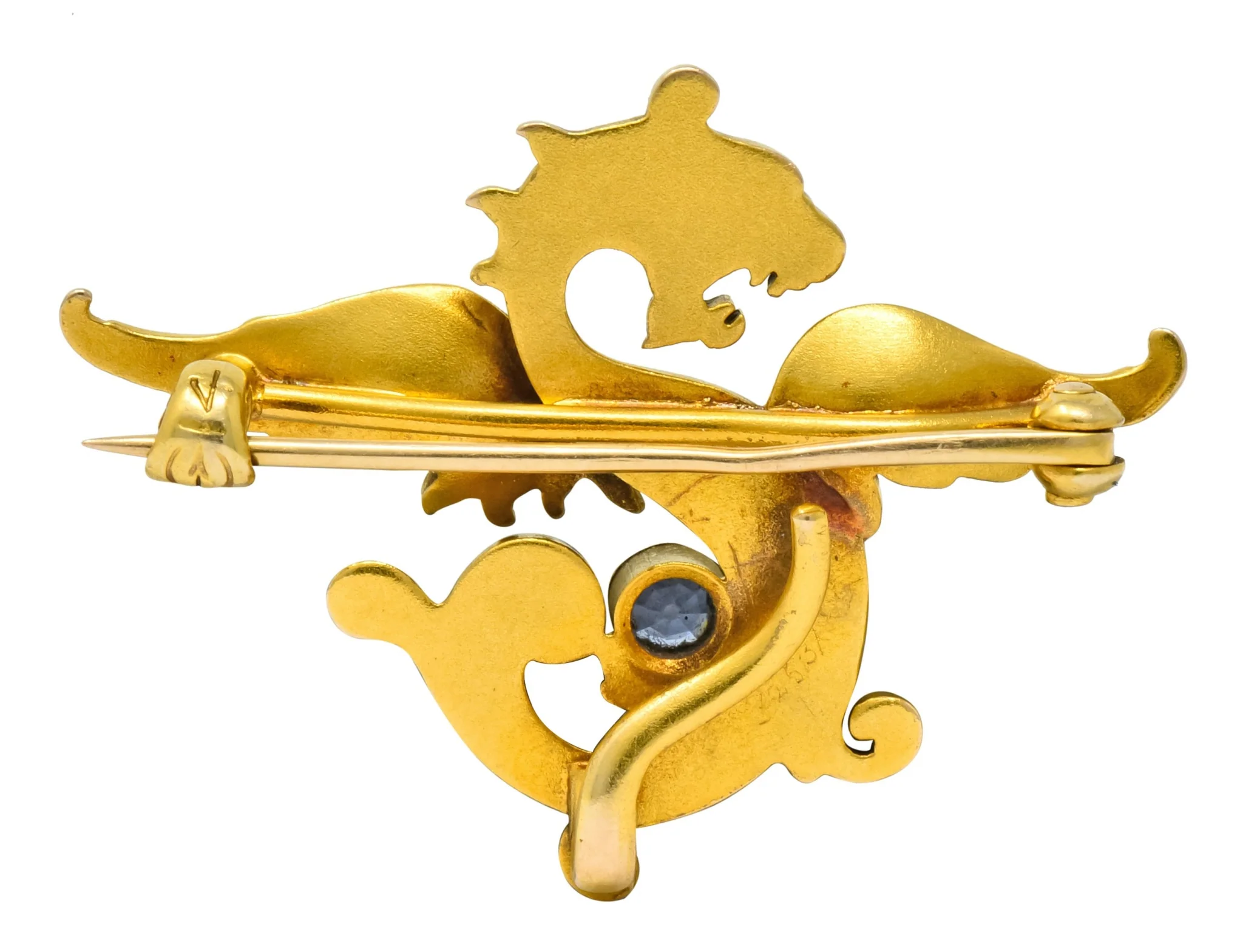 Whiteside and Blank Art Nouveau 14 Karat Gold Sapphire Dragon Watch Pin Brooch - Image 6