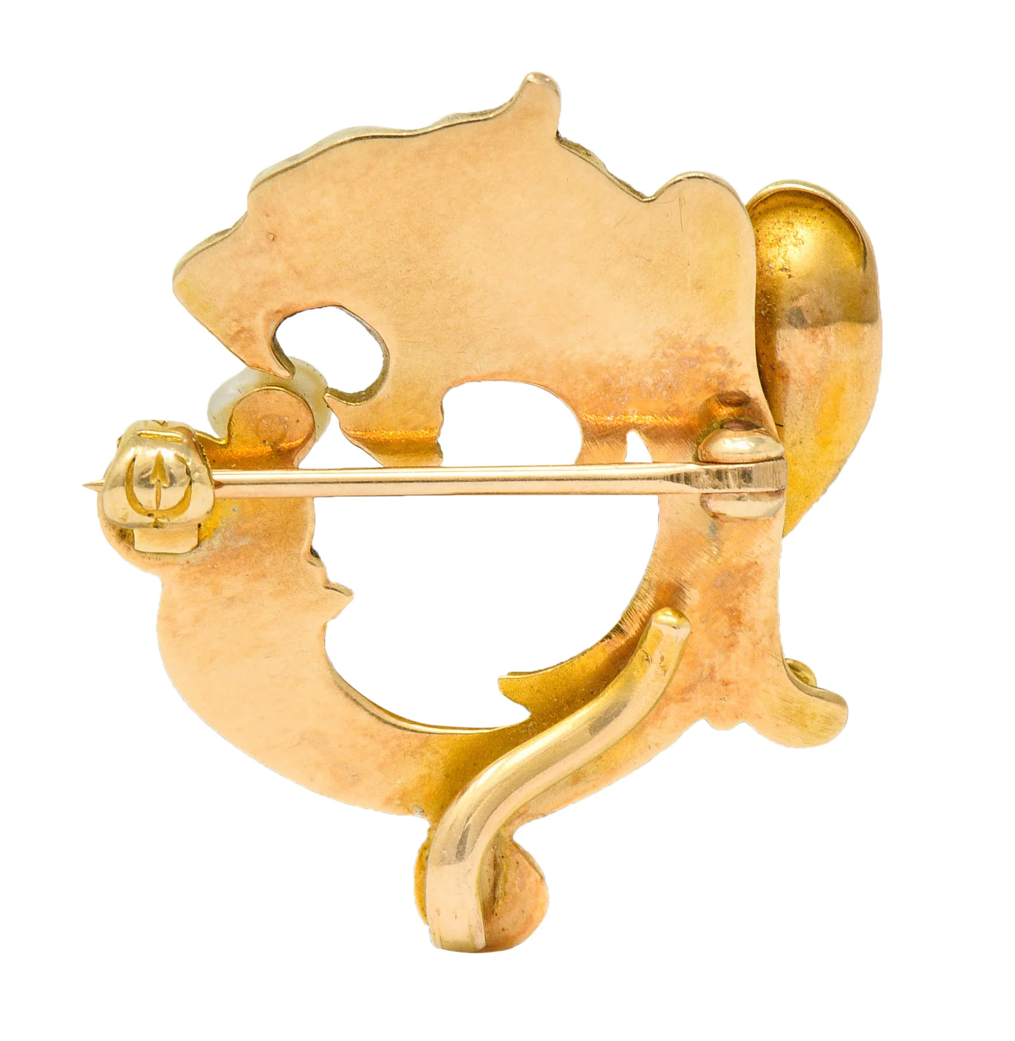 Whiteside & Blank Art Nouveau Baroque Pearl 14 Karat Gold Winged Lion Brooch - Image 4