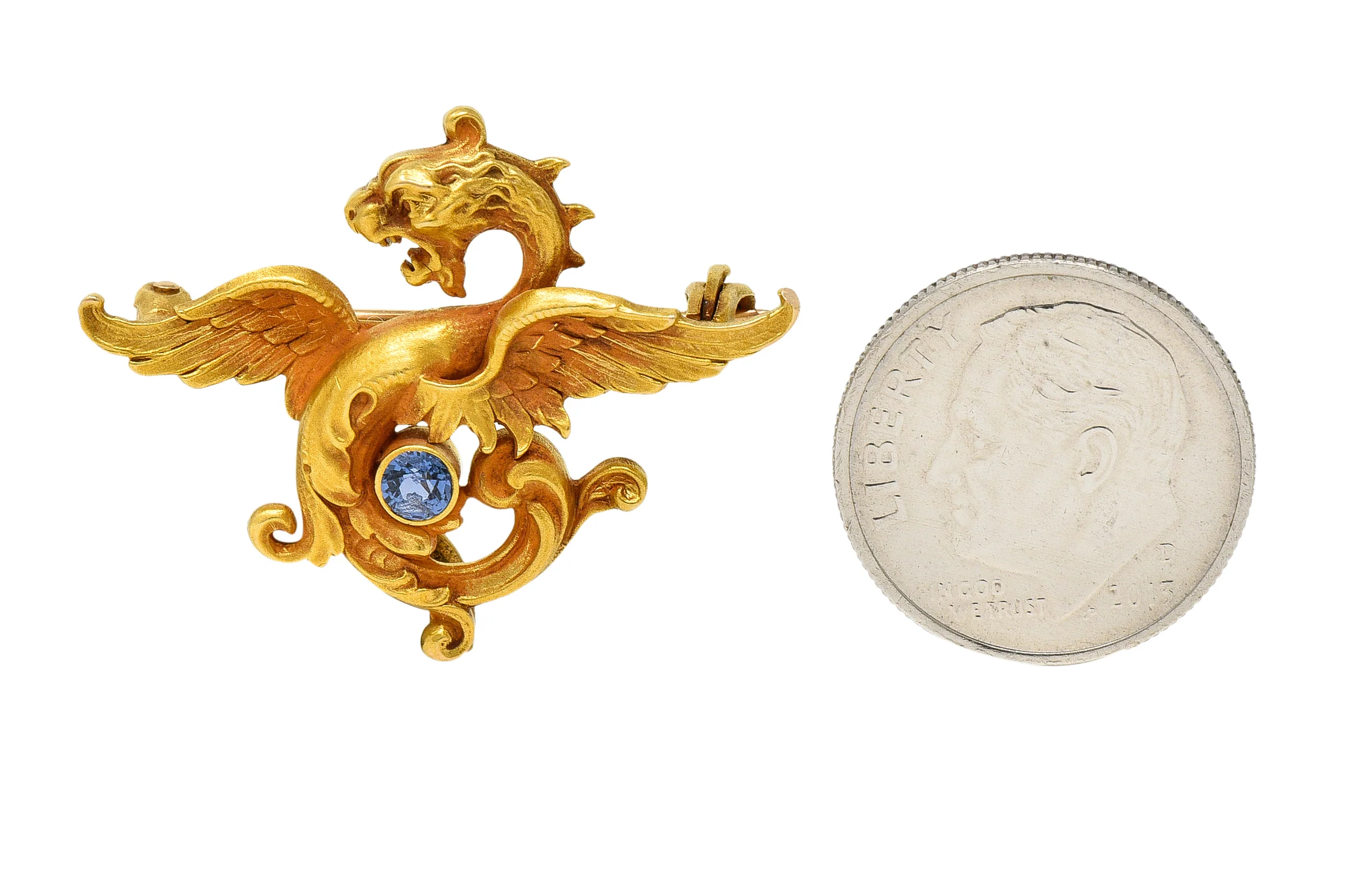 Whiteside Blank Art Nouveau Sapphire 14 Karat Yellow Gold Serpent Dragon Unisex Antique Brooch - Image 10
