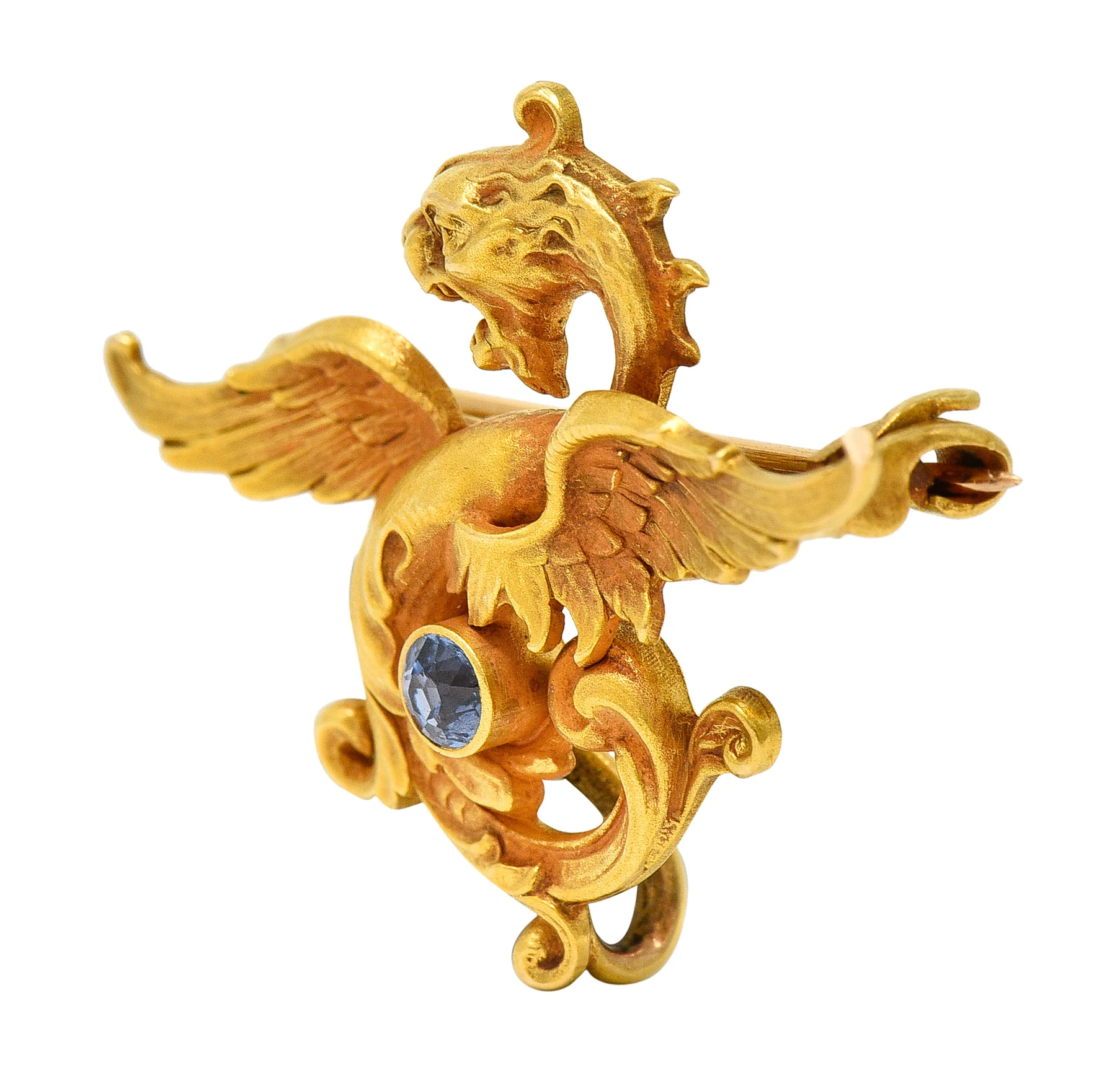 Whiteside Blank Art Nouveau Sapphire 14 Karat Yellow Gold Serpent Dragon Unisex Antique Brooch - Image 4