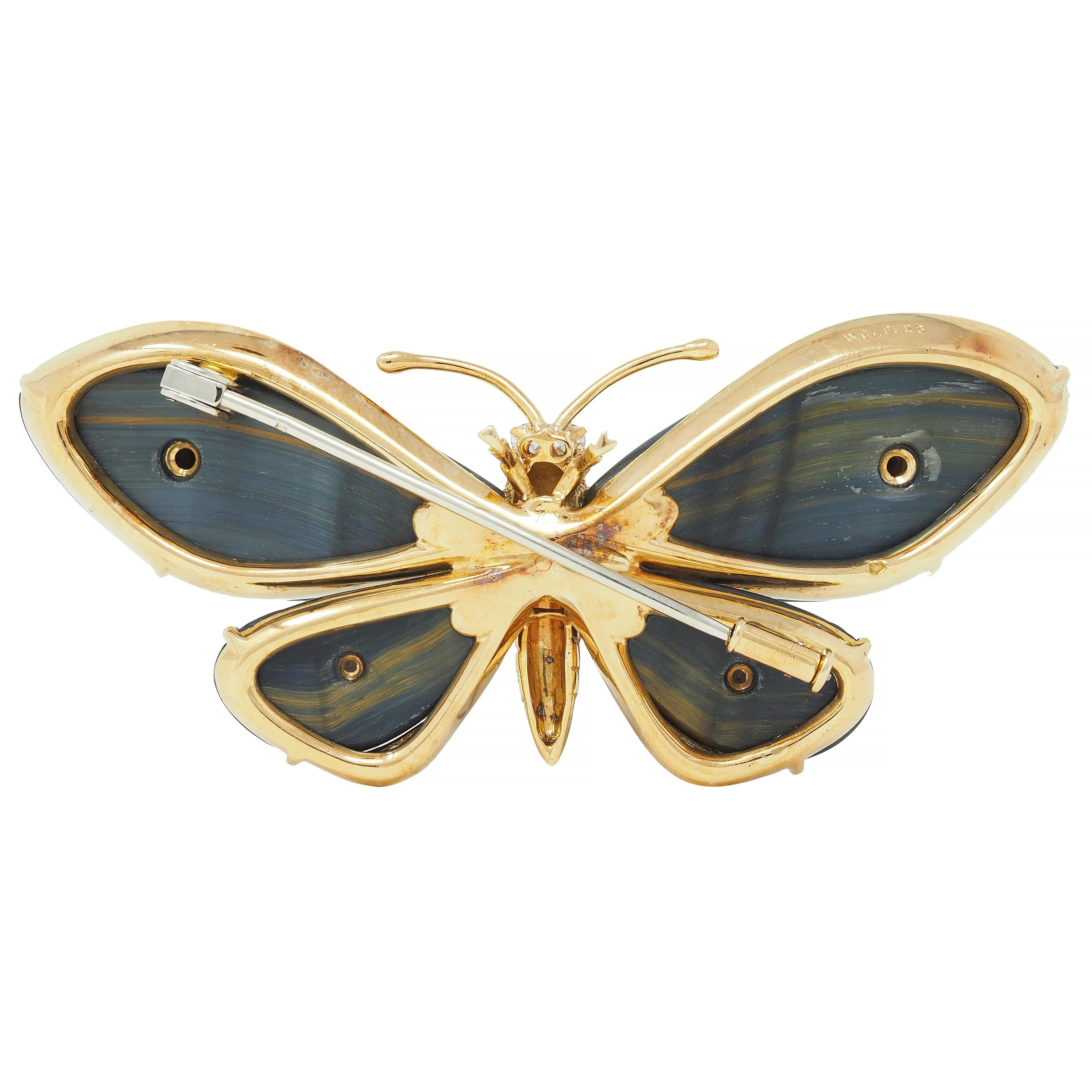 Wolfers French 1970's Diamond Turquoise Labradorite 18 Karat Yellow Gold Vintage Butterfly Brooch - Image 3