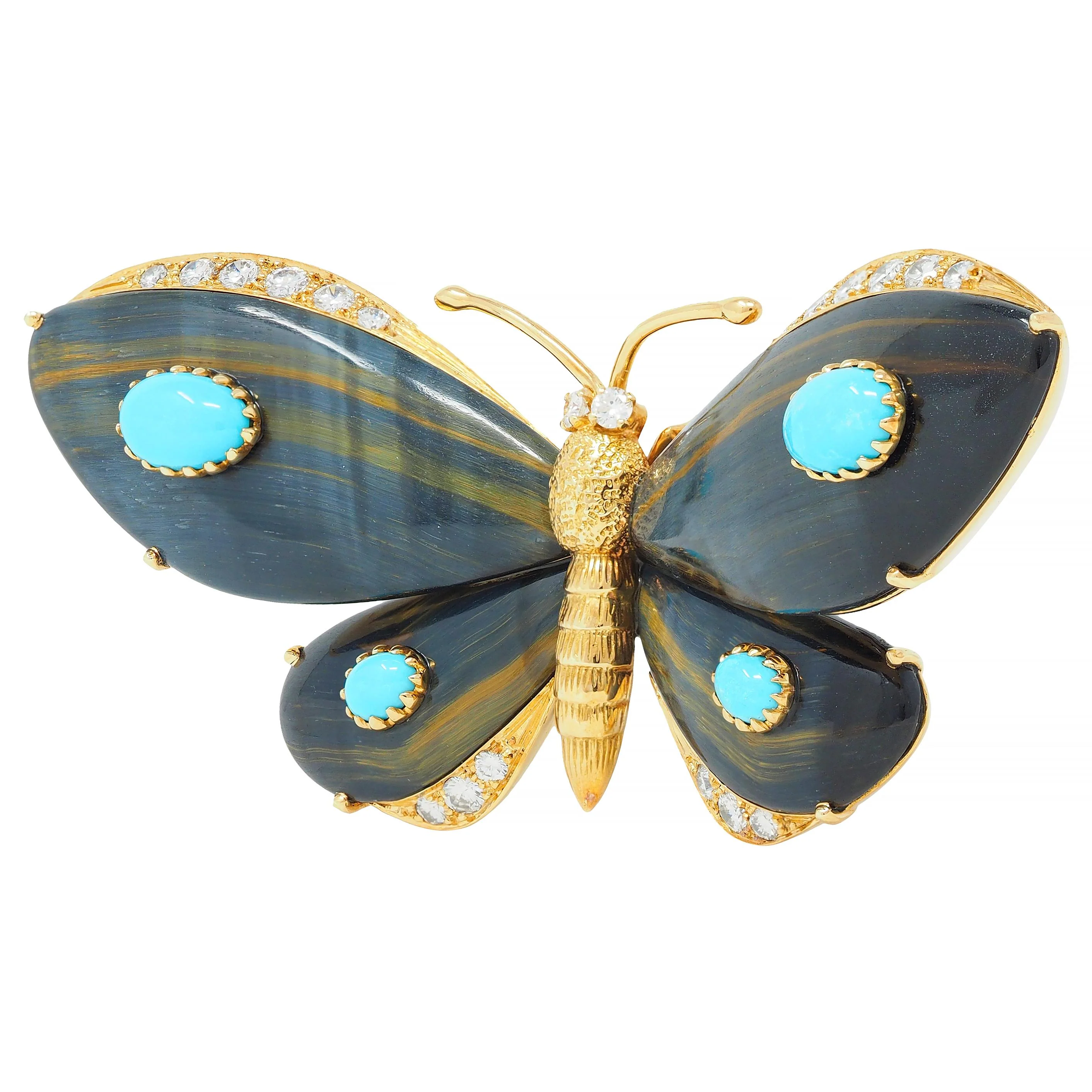 Wolfers French 1970's Diamond Turquoise Labradorite 18 Karat Yellow Gold Vintage Butterfly Brooch - Image 4