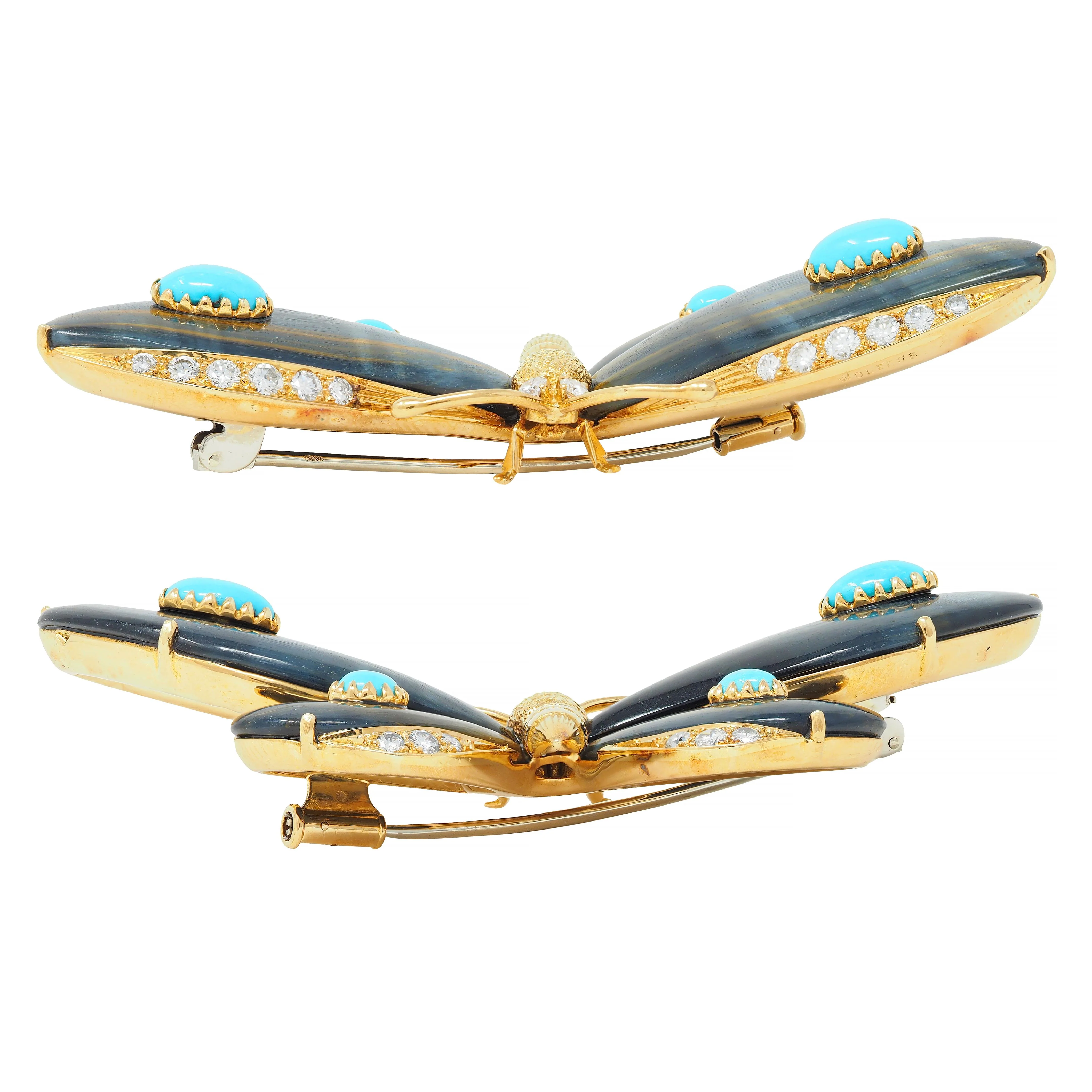Wolfers French 1970's Diamond Turquoise Labradorite 18 Karat Yellow Gold Vintage Butterfly Brooch - Image 5