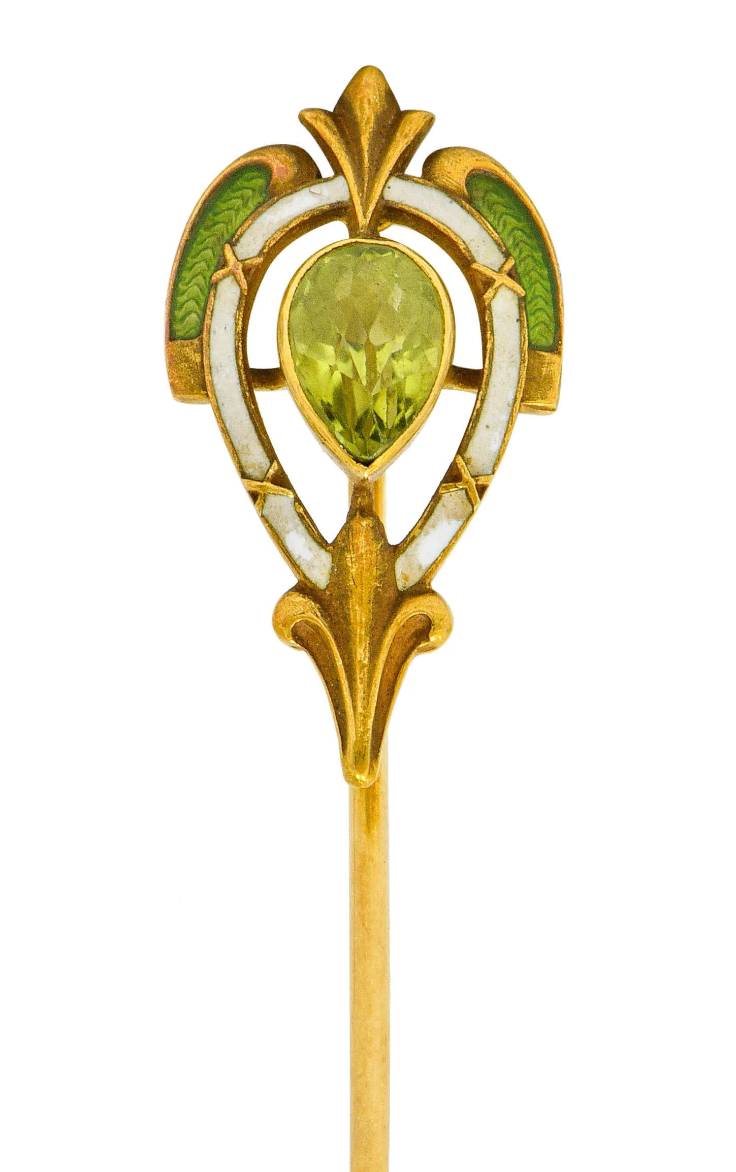 Wordley Allsopp & Bliss Peridot Enamel 14 Karat Gold Fleur-De-Lis Stickpin