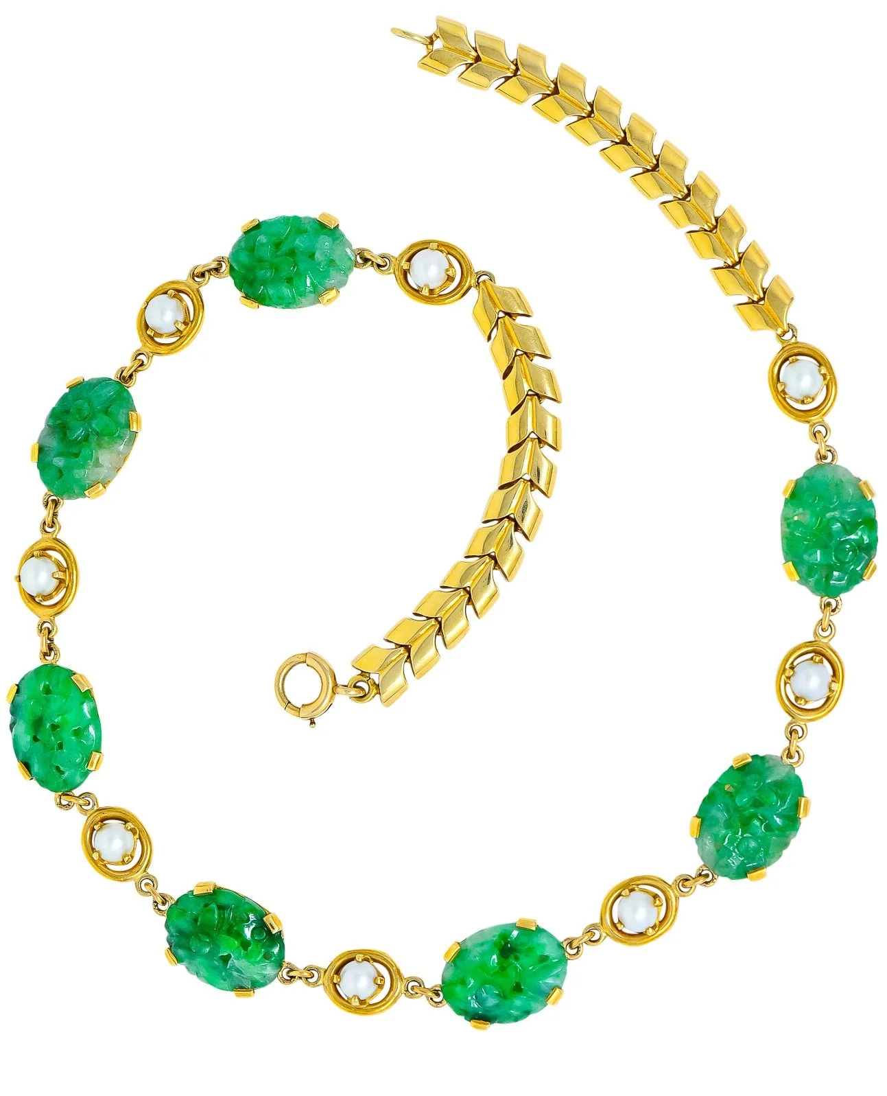Wordley Alsopp & Bliss 1940's Retro Jade Pearl 14 Karat Link Necklace - Image 9